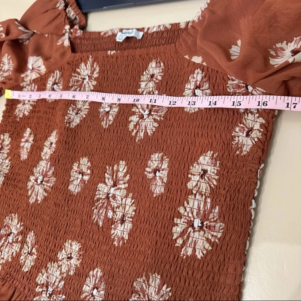 Madewell Georgette Lucie Puff Sleeve Smocked Top Rust Floral Square Neck Size M